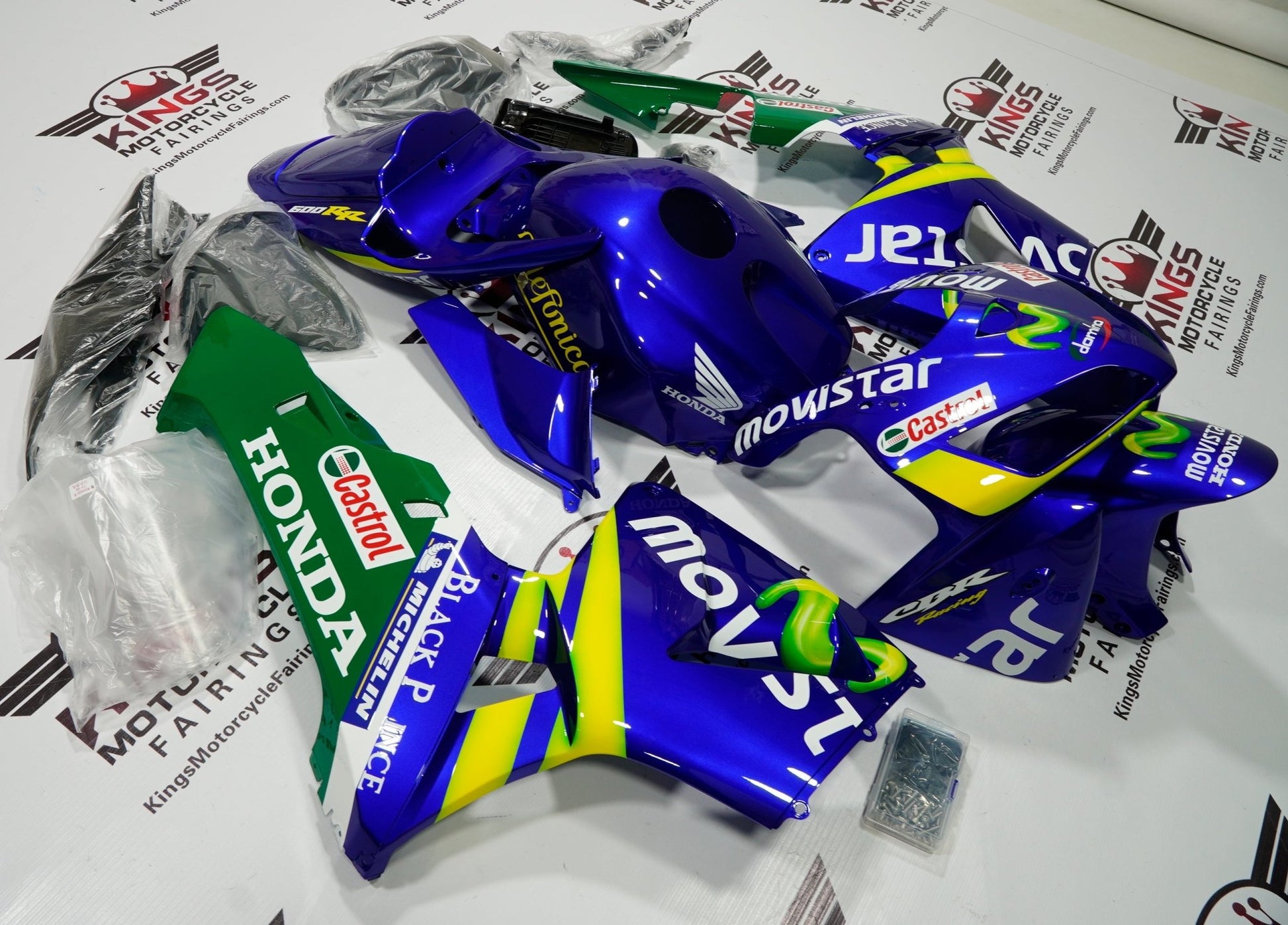 Honda CBR600RR (2005-2006) Blue, Green & Yellow Movistar Race Fairings at KingsMotorcycleFairings.com.