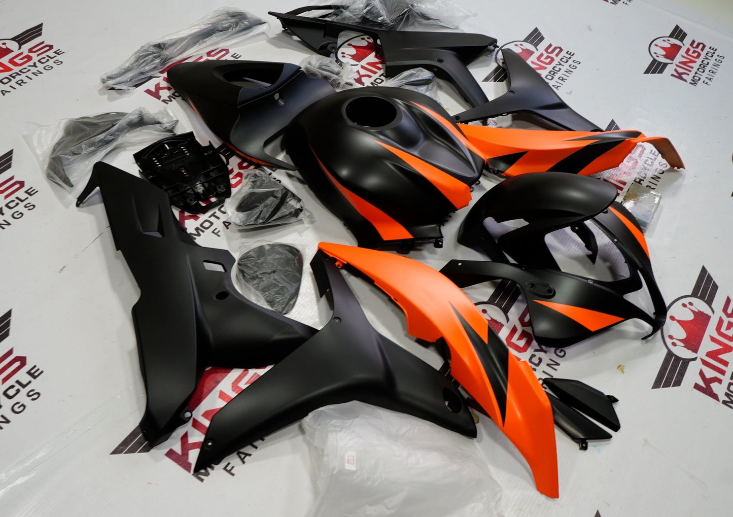 Matte Black and Orange Fairing Kit for a 2007 and 2008 Honda CBR600RR motorcycle
