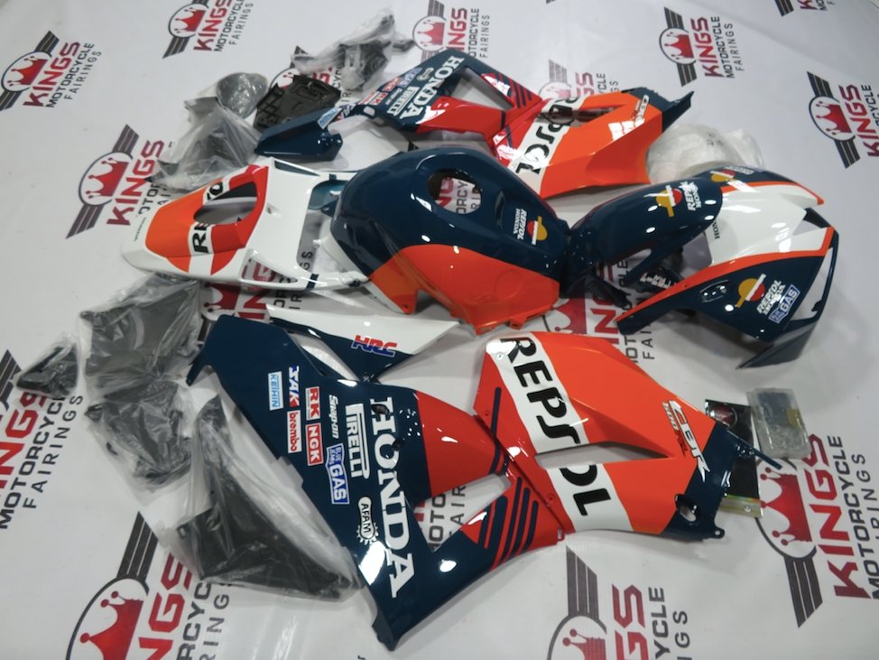 Honda CBR600RR Fairings (2013-2023) Orange, Dark Teal Blue, Red, White Repsol at KingsMotorcycleFairings.com