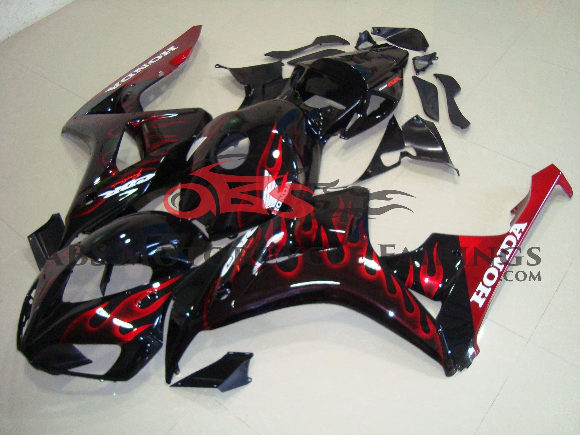 Honda CBR1000RR Fairing Set (2006-2007) Black, White, Red Flame at KingsMotorcycleFairings.com