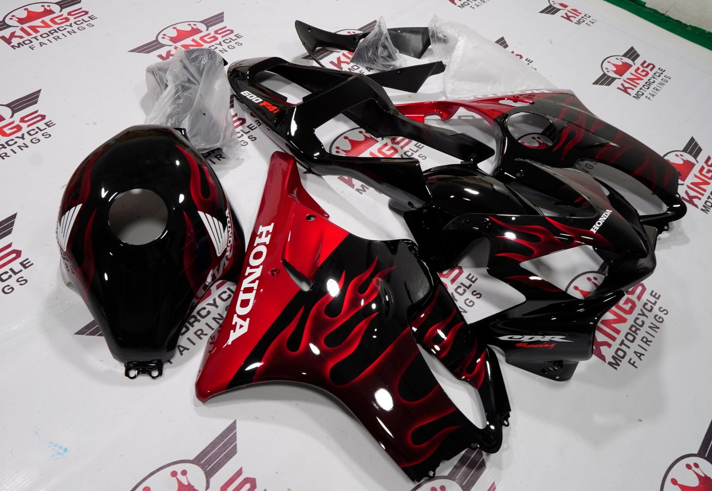 Honda CBR600F4i Fairings (2001-2003) Black, Candy Apple Red Flame by KingsMotorcycleFairings.com