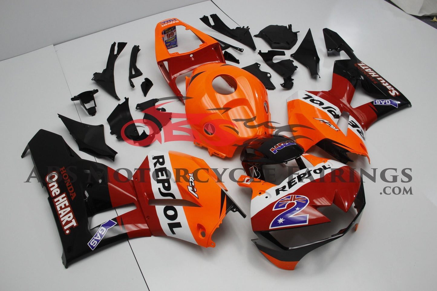 Honda CBR600RR Fairing Set (2013-2023) Red, Orange, White, Black Repsol Satu HATI at KingsMotorcycleFairings.com