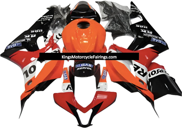 Honda CBR600RR Fairings (2007-2008) Black, Red, Orange Repsol at KingsMotorcycleFairings.com