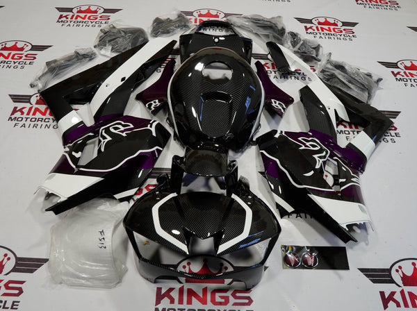 Honda CBR600RR Fairings (2013-2023) Faux Carbon Fiber, Purple, Black, White Bull at KingsMotorcycleFairings.com