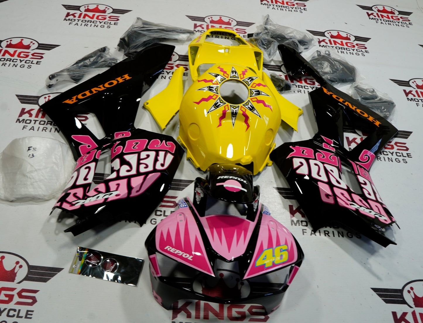 Honda CBR600RR Fairings (2013-2023) Light Pink, Black, Yellow Rossi at KingsMotorcycleFairings.com