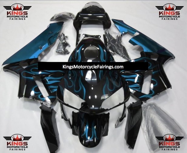 Honda CBR 600RR Fairings (2003-2004) Black, Light Blue Flame at KingsMotorcycleFairings.com