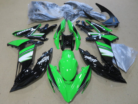 Green, Black and White fairing kit for a 2017, 2018 and 2019 Kawasaki Ninja 650R motorcycle.