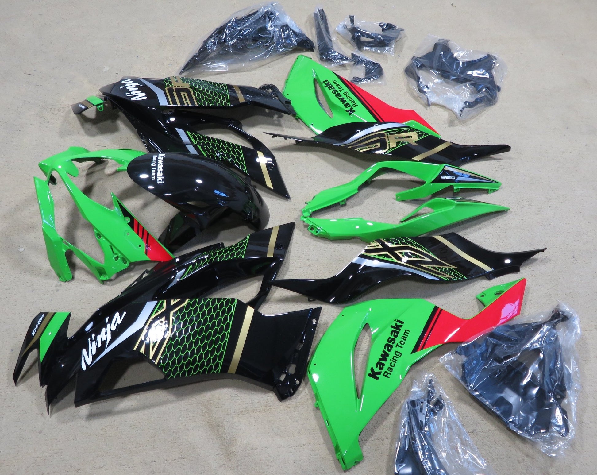 Green, Black, Gold and Red Fairing Kit for a 2019, 2020, 2021, 2022 & 2023 Kawasaki Ninja ZX-6R 636 motorcycle - KingsMotorcycleFairings.com