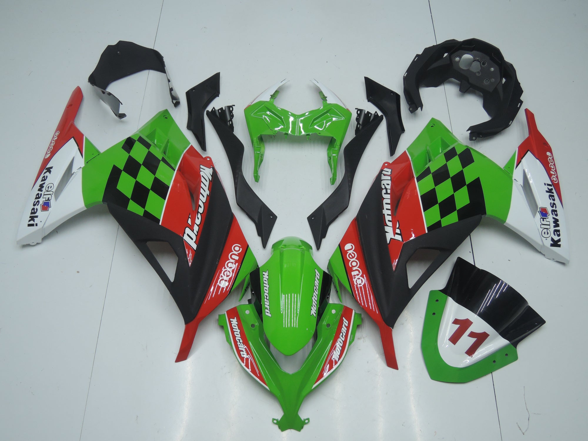 Kawasaki Ninja 300 Fairings (2013-2024) Green, Red, Black, White Motocard at KingsMotorcycleFairings.com