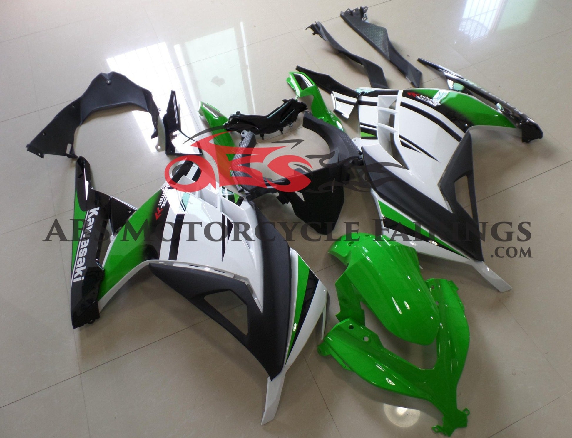 Kawasaki Ninja 300 Fairings (2013-2024) Green, White, Black from KingsMotorcycleFairings.com