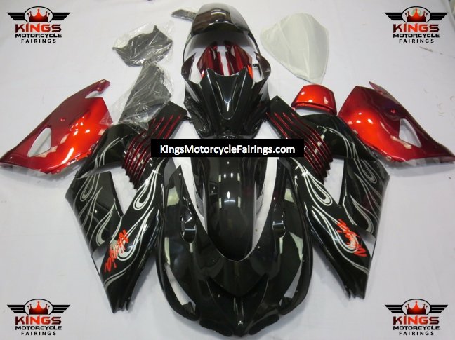 Kawasaki Ninja ZX-14R Fairings (2006-2011) Black, Red, Silver Flames at KingsMotorcycleFairings.com