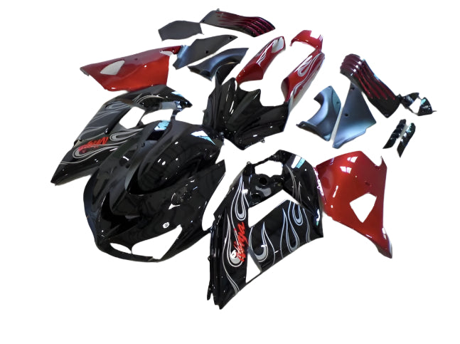 Kawasaki Ninja ZX14R Fairings (2006-2011) Black, Candy Red, Silver Flames at KingsMotorcycleFairings.com