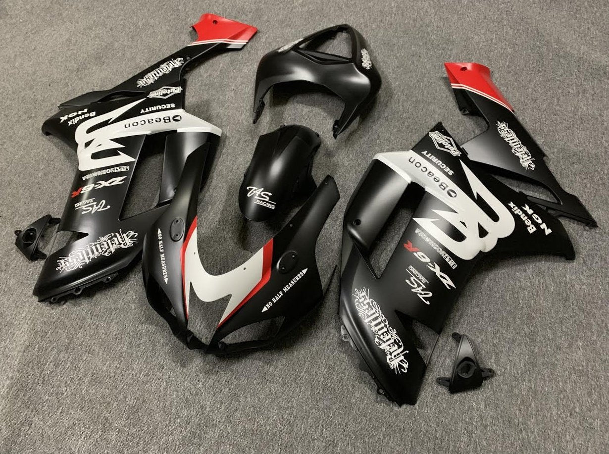 Kawasaki Ninja ZX6R (2007-2008) Matte Black, White & Red Beacon at KingsMotorcycleFairings..com