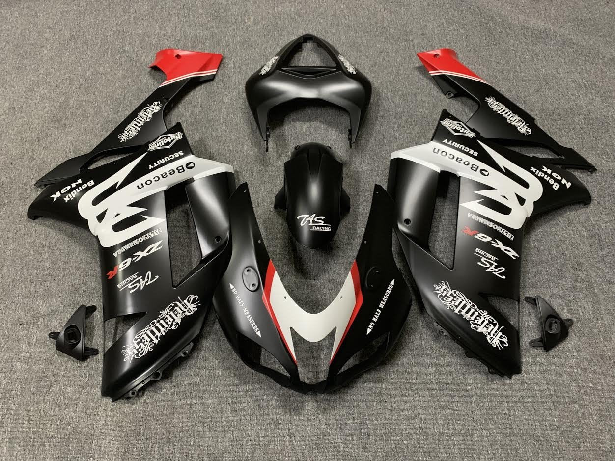 Fairing kit for a Kawasaki Ninja ZX6R 636 (2007-2008) Matte Black, White & Red Beacon from KingsMotorcycleFairings..com