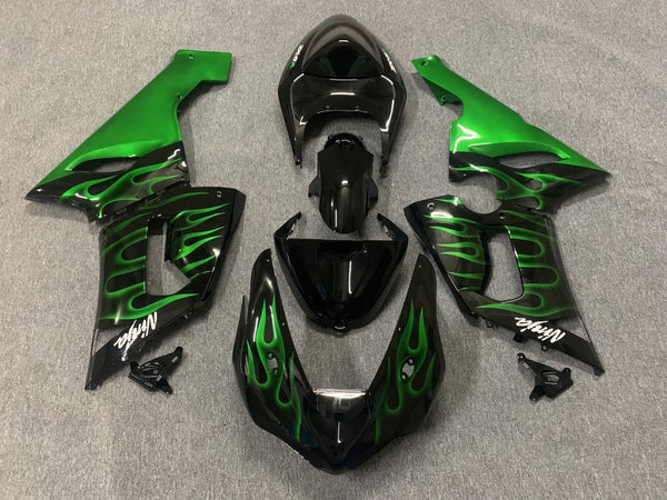 Kawasaki ZX6R 636 Fairings (2005-2006) Black, Green Flames at KingsMotorcycleFairings.com