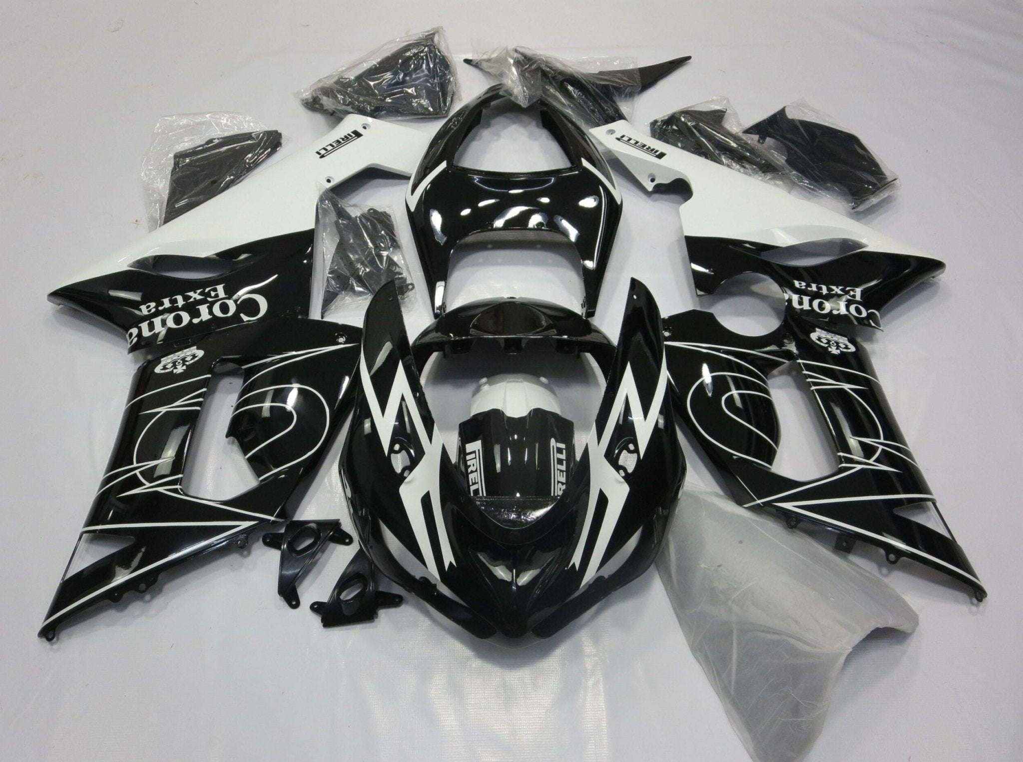 Kawasaki ZX6R 636 Fairings (2005-2006) Black, White Corona Tribal at KingsMotorcycleFairings.com
