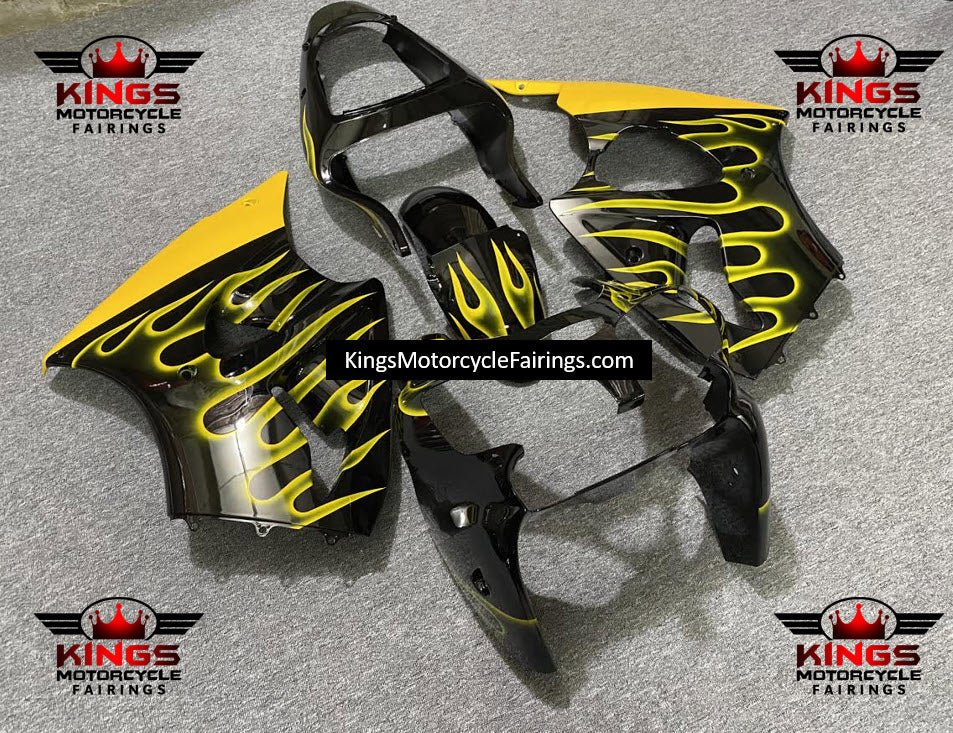 Kawasaki ZX6R Fairings (2000-2002) Black, Yellow Flames at KingsMotorcycleFairings.com