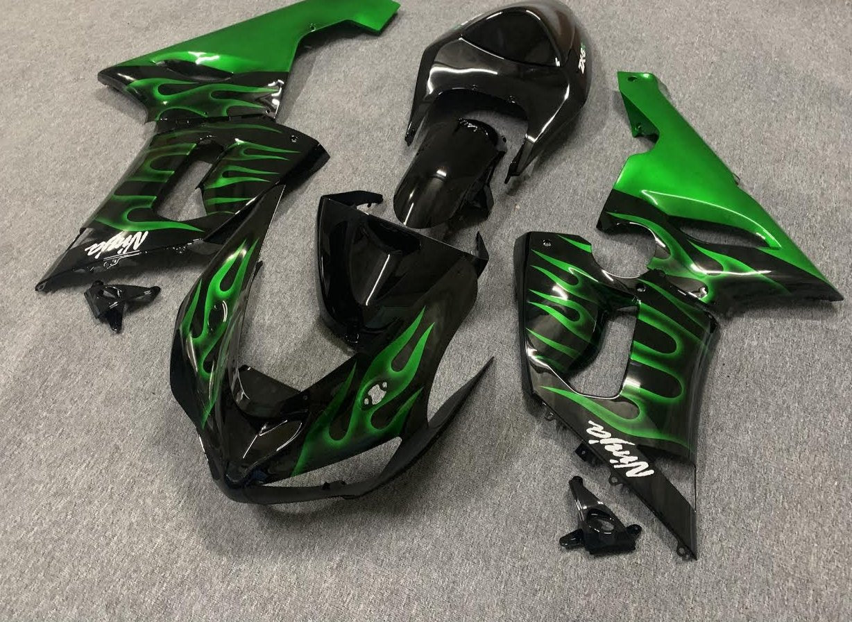 Kawasaki ZX6R Fairings (2005-2006) Black, Green Flames at KingsMotorcycleFairings.com