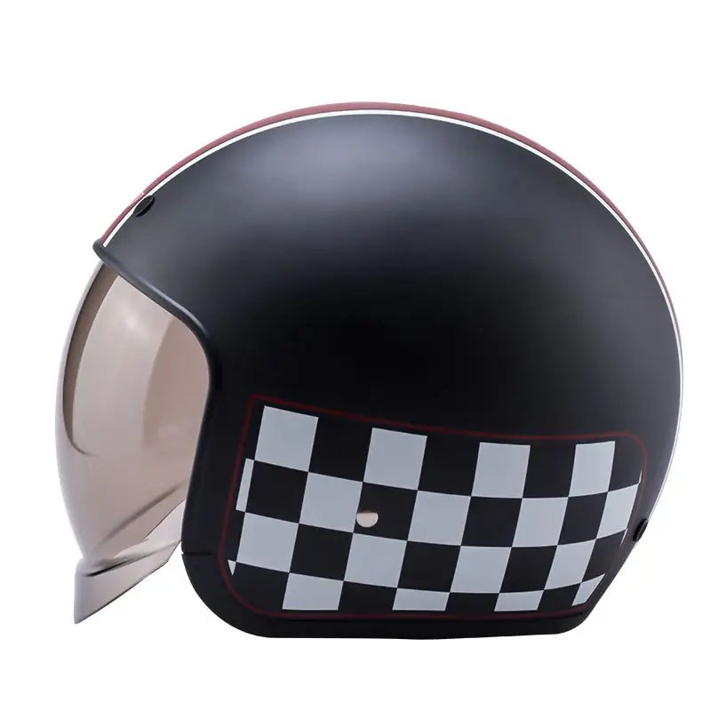 Retro Motorcycle Helmet | Black, Red, Checkered | Kings