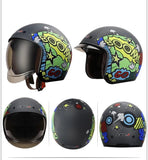 Matte Black, Yellow, Green and Blue Boom Retro Motorcycle Helmet is brought to you by KingsMotorcycleFairings.com