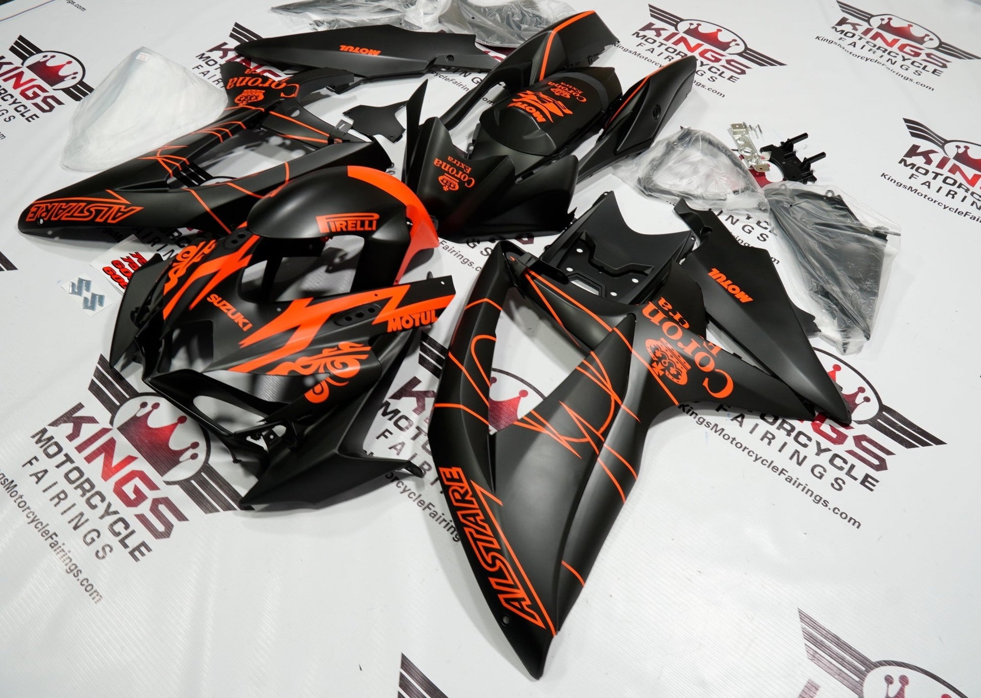 SUZUKI GSXR750 (2008-2010) MATTE BLACK & MATTE ORANGE TRIBAL CORONA FAIRINGS at KingsMotorcycleFairings.com