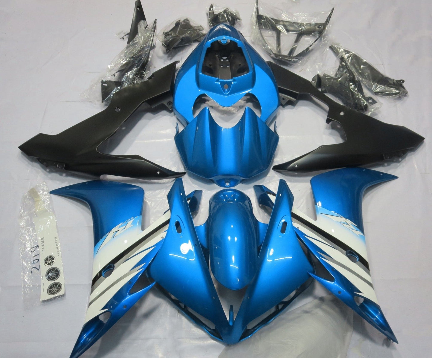 Light Blue, White, Silver and Matte Black Fairing Kit for a 2004, 2005 & 2006 Yamaha YZF-R1 motorcycle