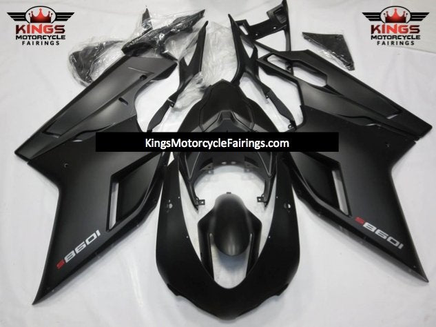 Matte Black, Silver and Red Fairing Kit for a 2007, 2008, 2009, 2010, 2011, 2012, 2013 & 2014 Ducati 848 motorcycle. The photos used are examples. Your new 848 fairing kit will have 848 decals!