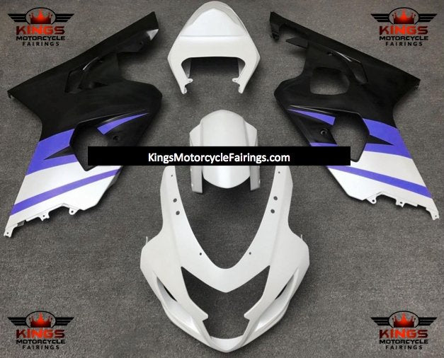 Matte White, Blue and Black Fairing Kit for a 2004 & 2005 Suzuki GSX-R600 motorcycle