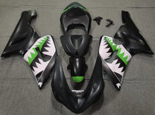 Matte Black, White and Green Shark Fairing Kit for a 2005 & 2006 Kawasaki ZX-6R 636 motorcycle