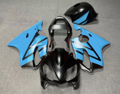 Matte Black and Light Blue Fairing Kit for a 2001, 2002, 2003 Honda CBR600F4i motorcycle