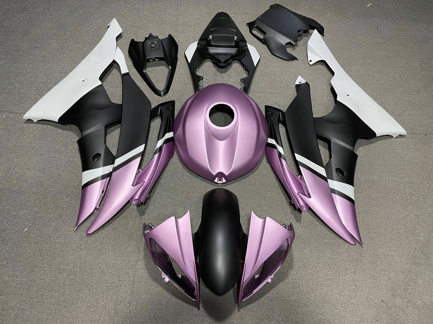 Matte Purple, Matte Black and Matte White Fairing Kit for a 2008, 2009, 2010, 2011, 2012, 2013, 2014, 2015 & 2016 Yamaha YZF-R6 motorcycle