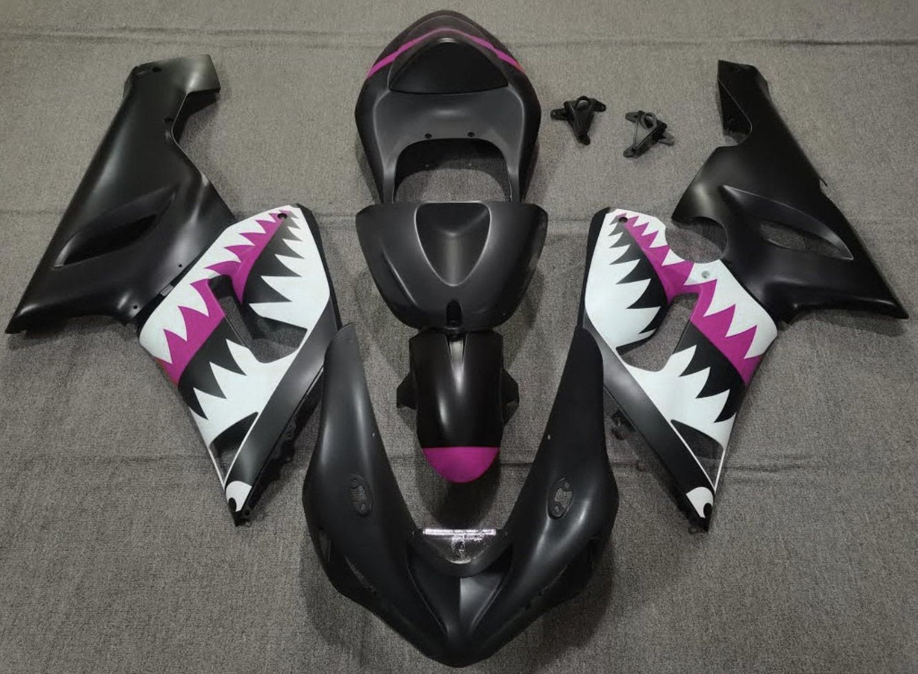 Matte Black, White and Pink Shark Fairing Kit for a 2005 & 2006 Kawasaki ZX-6R 636 motorcycle