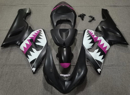 Matte Black, White and Pink Shark Fairing Kit for a 2005 & 2006 Kawasaki ZX-6R 636 motorcycle