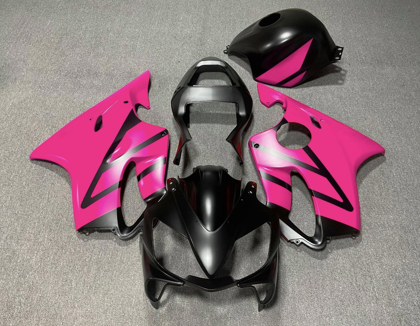 Matte Black and Pink Fairing Kit for a 2001, 2002, 2003 Honda CBR600F4i motorcycle