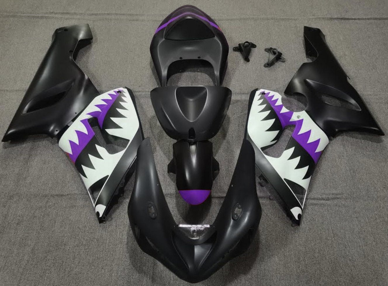 Matte Black, White and Purple Shark Fairing Kit for a 2005 & 2006 Kawasaki ZX-6R 636 motorcycle