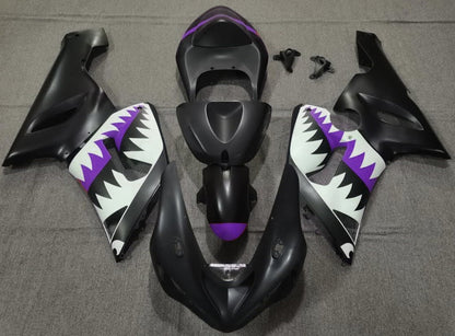 Matte Black, White and Purple Shark Fairing Kit for a 2005 & 2006 Kawasaki ZX-6R 636 motorcycle