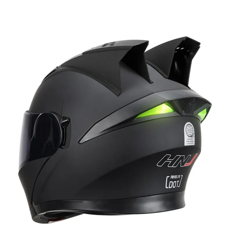 Matte Black Modular HNJ Motorcycle Helmet with Horns