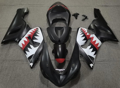Matte Black, White and Red Shark Fairing Kit for a 2005 & 2006 Kawasaki ZX-6R 636 motorcycle