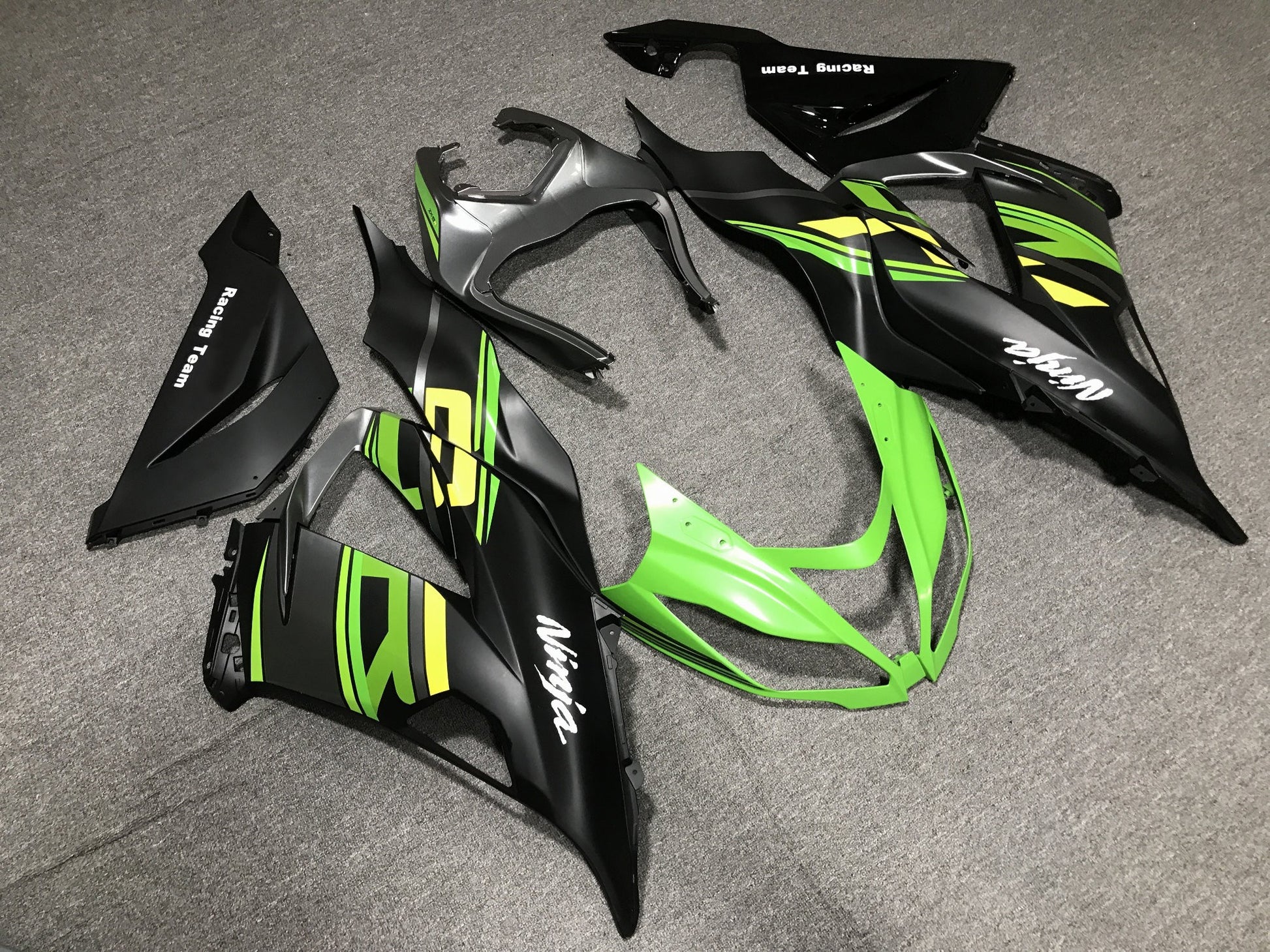 Matte Black, Matte Green and Matte Yellow Fairing Kit for a 2013, 2014, 2015, 2016, 2017 & 2018 Kawasaki ZX-6R 636 motorcycle