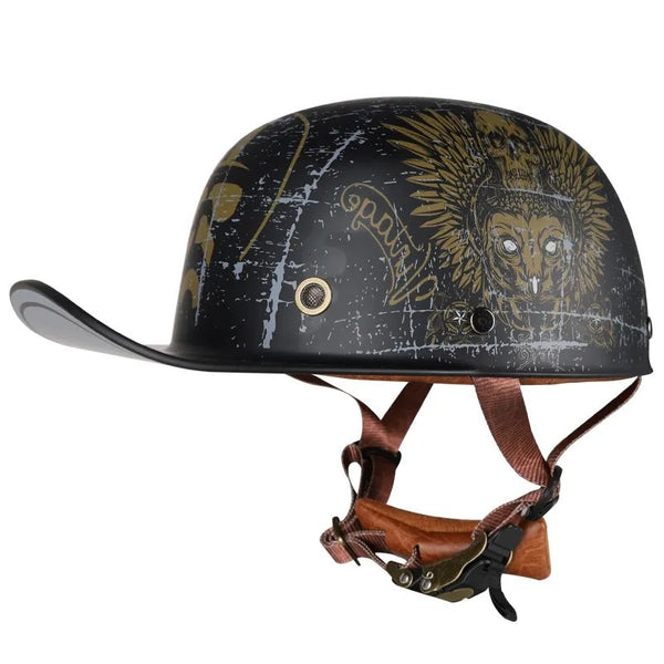 Matte Black & Gold Owl Retro Baseball Cap Motorcycle Helmet is brought to you by Kings Motorcycle Fairings