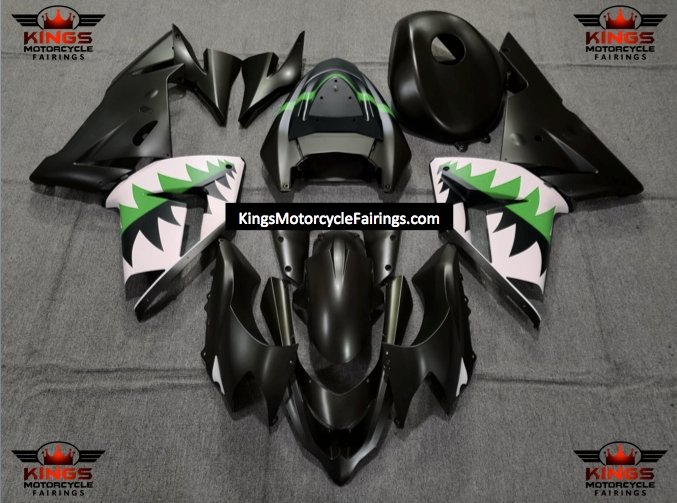 Fairing kit for a Kawasaki ZX10R (2004-2005) Matte Black, Green & White Shark Teeth