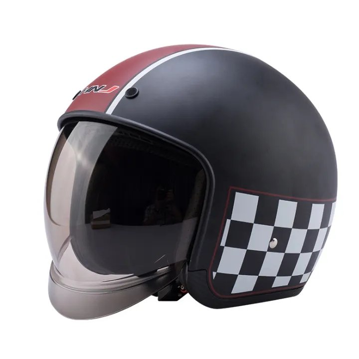 Retro Motorcycle Helmet | Black, Red, Checkered | Kings