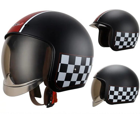 Matte Black, Red and White Checkered Retro Motorcycle Helmet is brought to you by KingsMotorcycleFairings.com