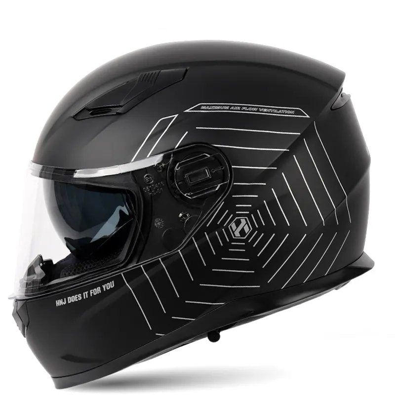 Matte Black & Silver Spider Web HNJ Motorcycle Helmet with Blue Visor