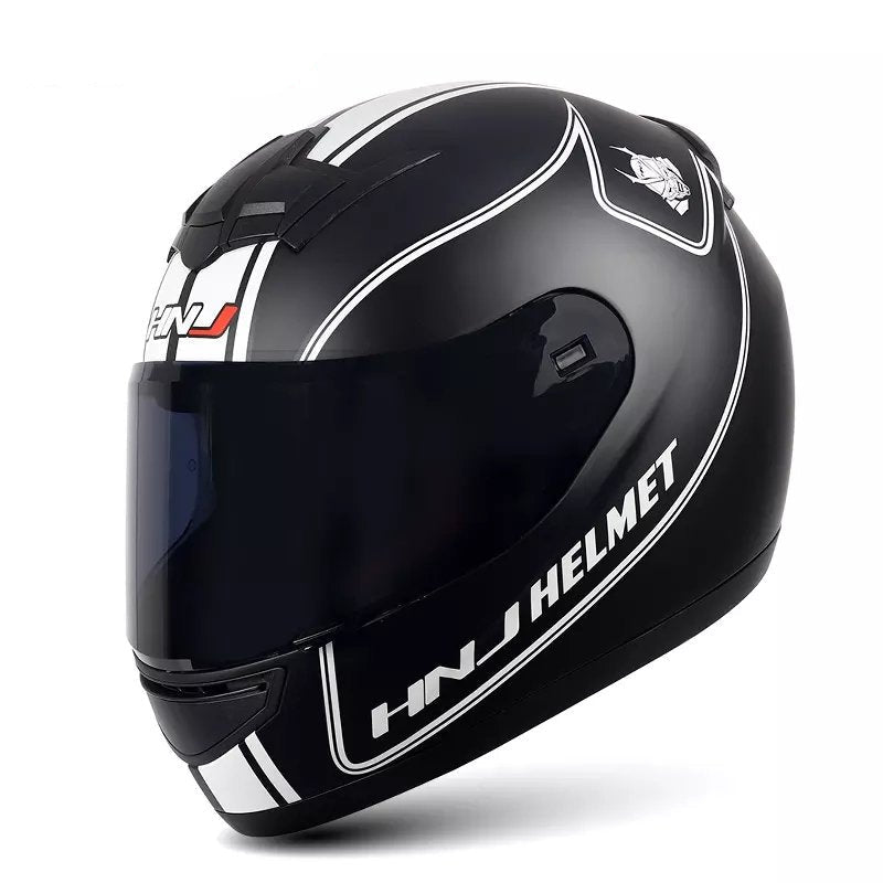The Matte Black and White Stripe HNJ Full-Face Motorcycle Helmet is brought to you by Kings Motorcycle Fairings