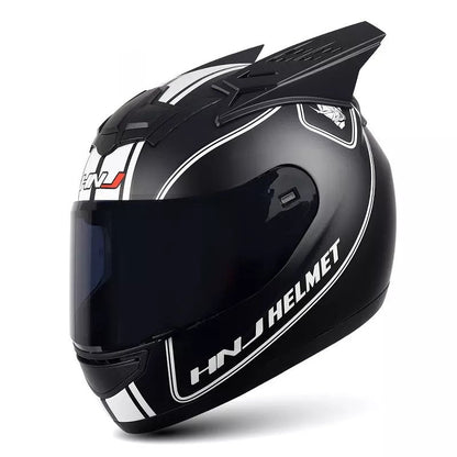 The Matte Black and White Stripe HNJ Full-Face Motorcycle Helmet with Horns is brought to you by Kings Motorcycle Fairings