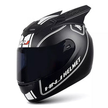 The Matte Black and White Stripe HNJ Full-Face Motorcycle Helmet with Horns is brought to you by Kings Motorcycle Fairings