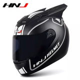 The Matte Black and White Stripe HNJ Full-Face Motorcycle Helmet with Horns is brought to you by Kings Motorcycle Fairings