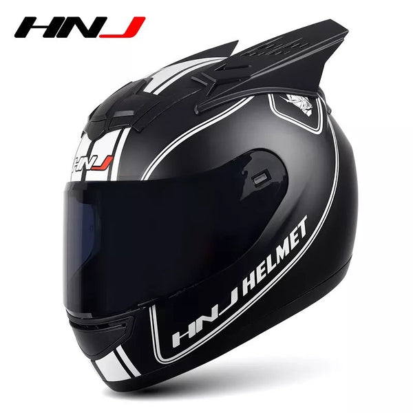 The Matte Black and White Stripe HNJ Full-Face Motorcycle Helmet with Horns is brought to you by Kings Motorcycle Fairings