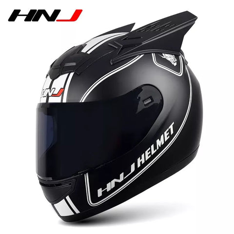The Matte Black and White Stripe HNJ Full-Face Motorcycle Helmet with Horns is brought to you by Kings Motorcycle Fairings